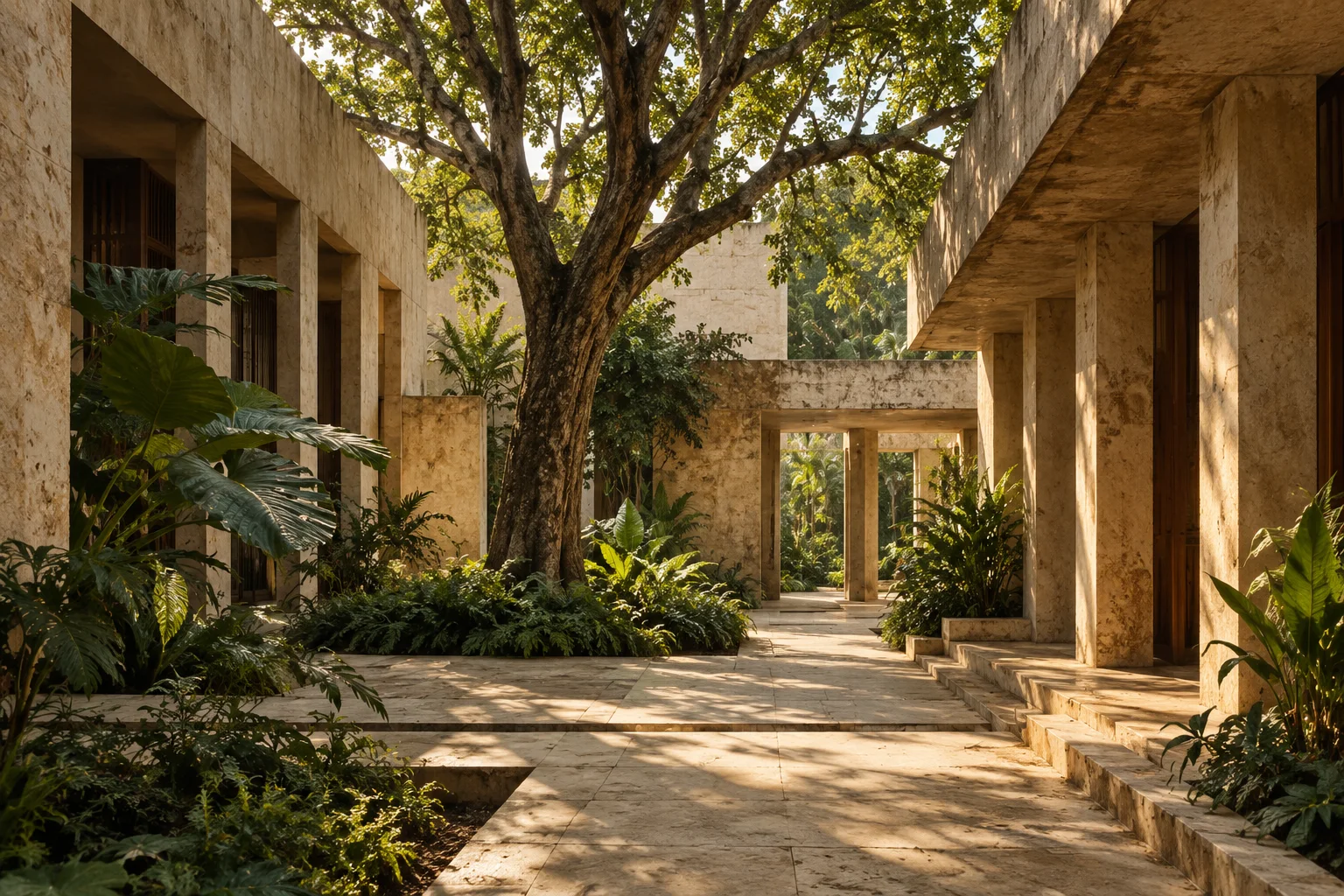 Sunlight falling across a stone courtyard and a mature tree, an architectural illustration of enduring foundations